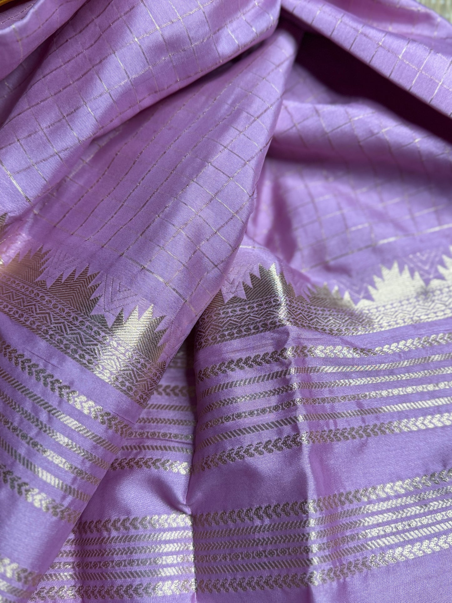 Yellow and Lilac Semi Mysore silk Crepe saree with checks and Big Border