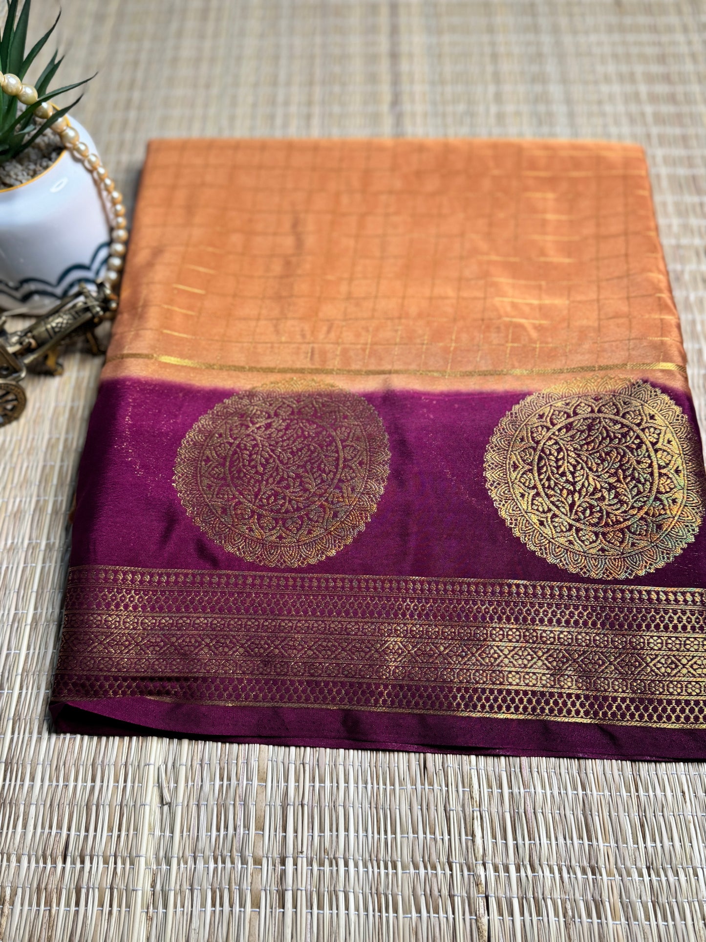 Dark Rust-beige and purple Semi Mysore silk Crepe saree with checks