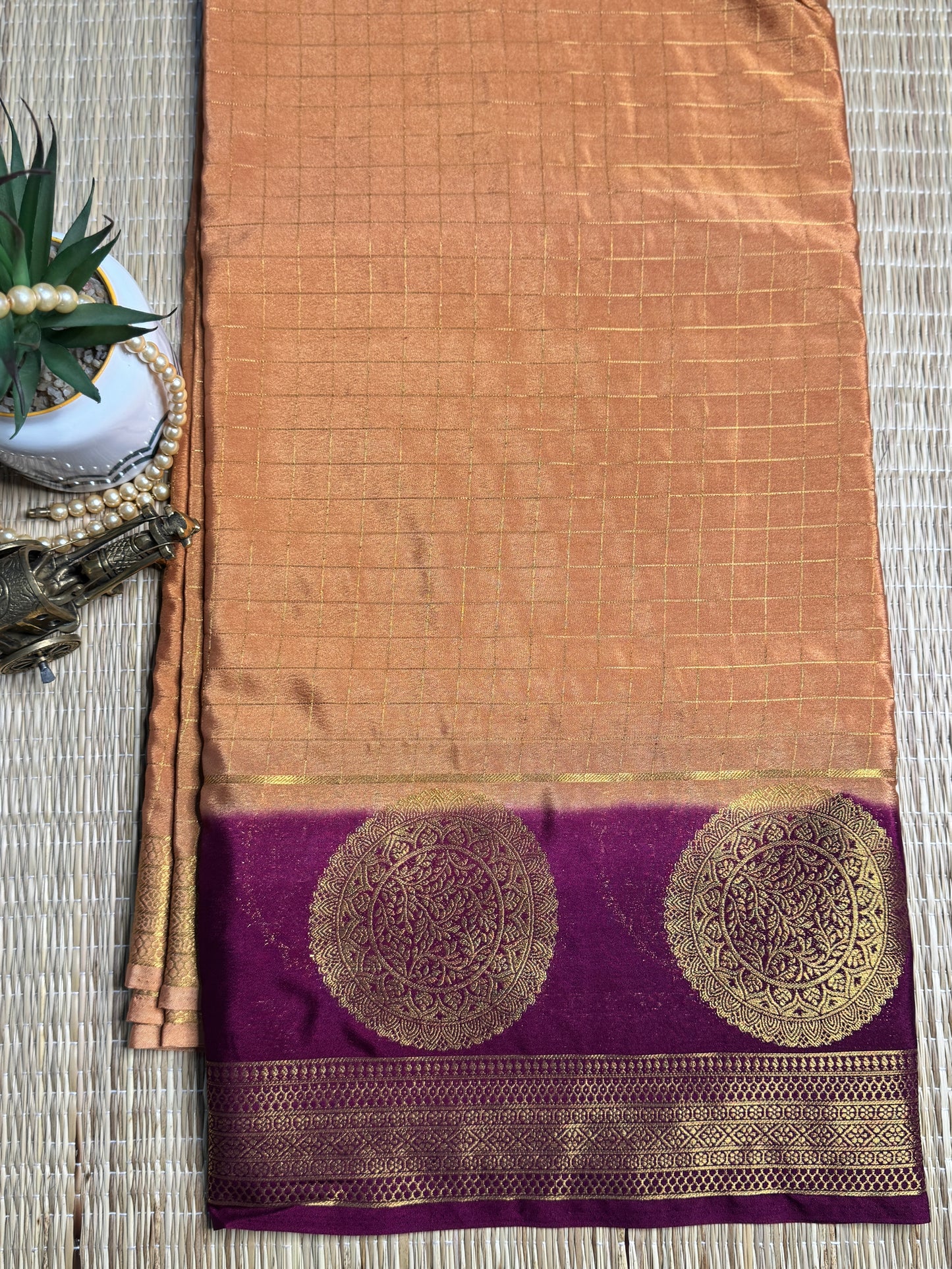 Dark Rust-beige and purple Semi Mysore silk Crepe saree with checks