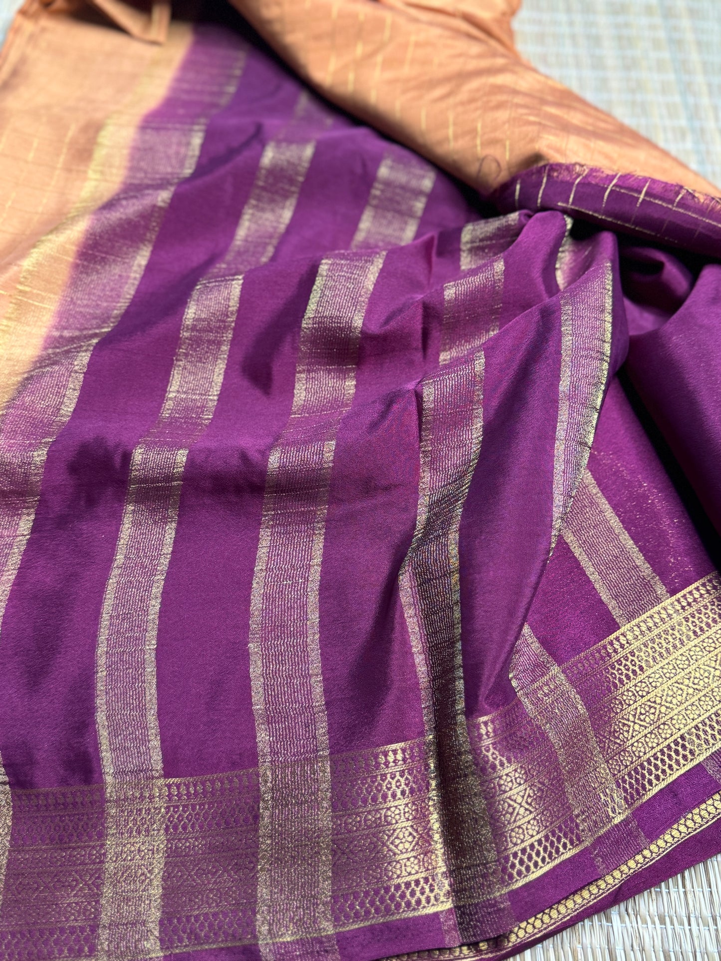 Dark Rust-beige and purple Semi Mysore silk Crepe saree with checks