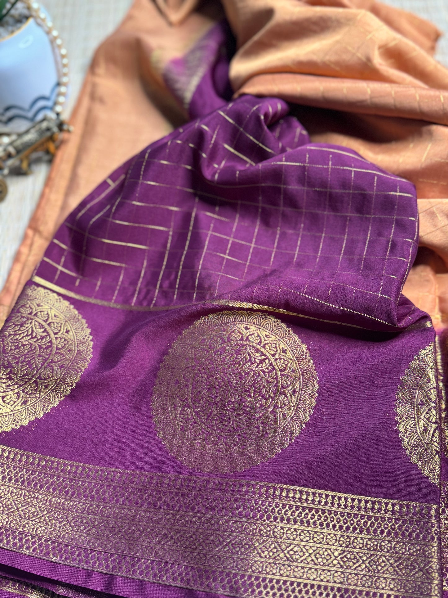 Dark Rust-beige and purple Semi Mysore silk Crepe saree with checks