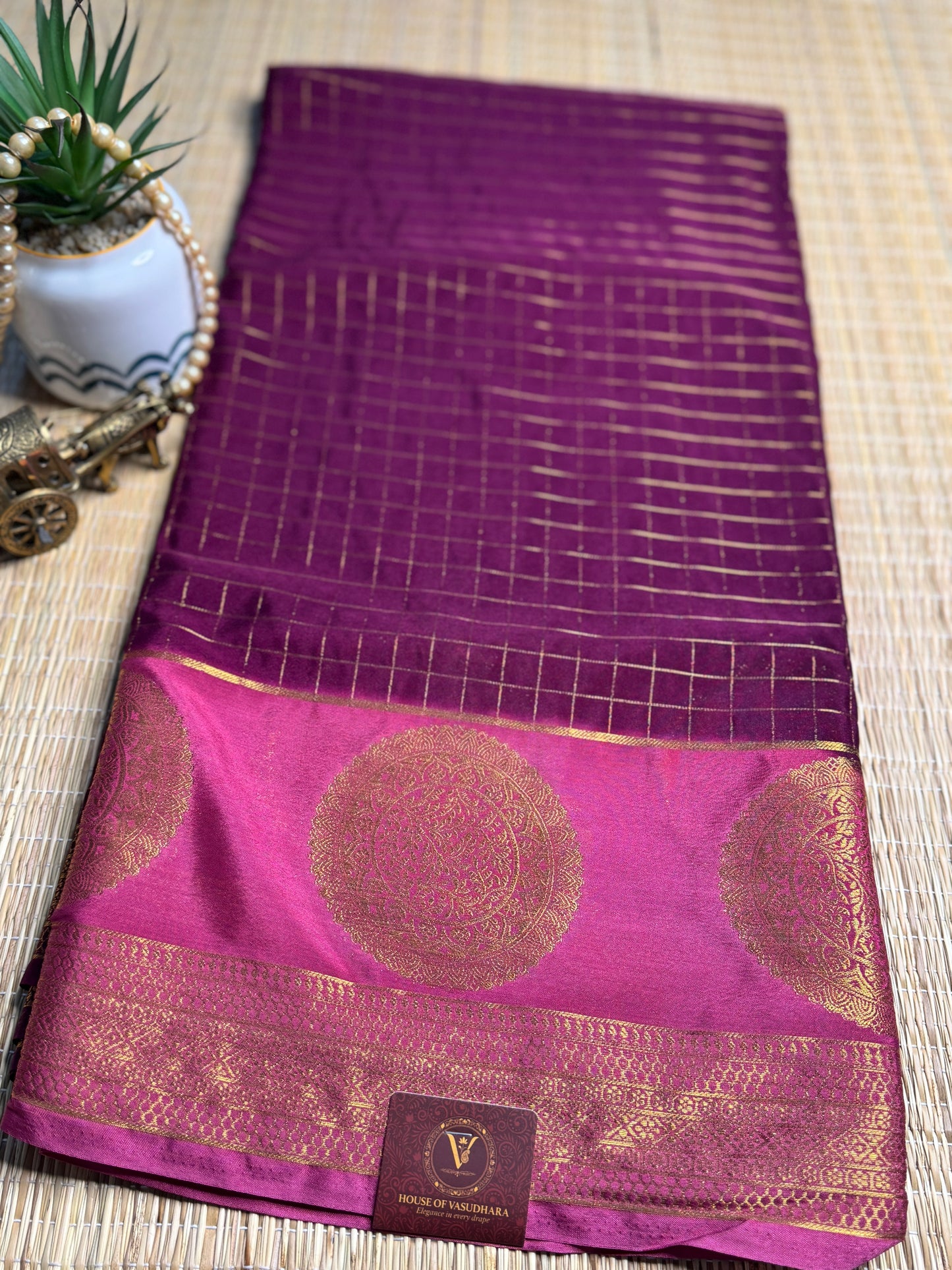 Purple and Pink Semi Mysore silk Crepe saree with checks