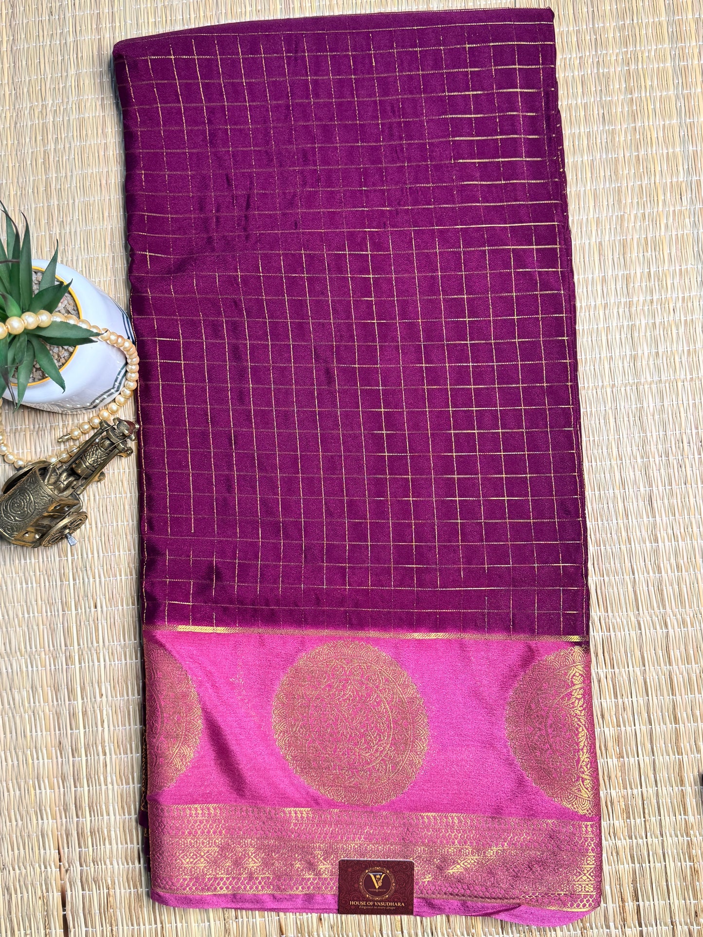 Purple and Pink Semi Mysore silk Crepe saree with checks