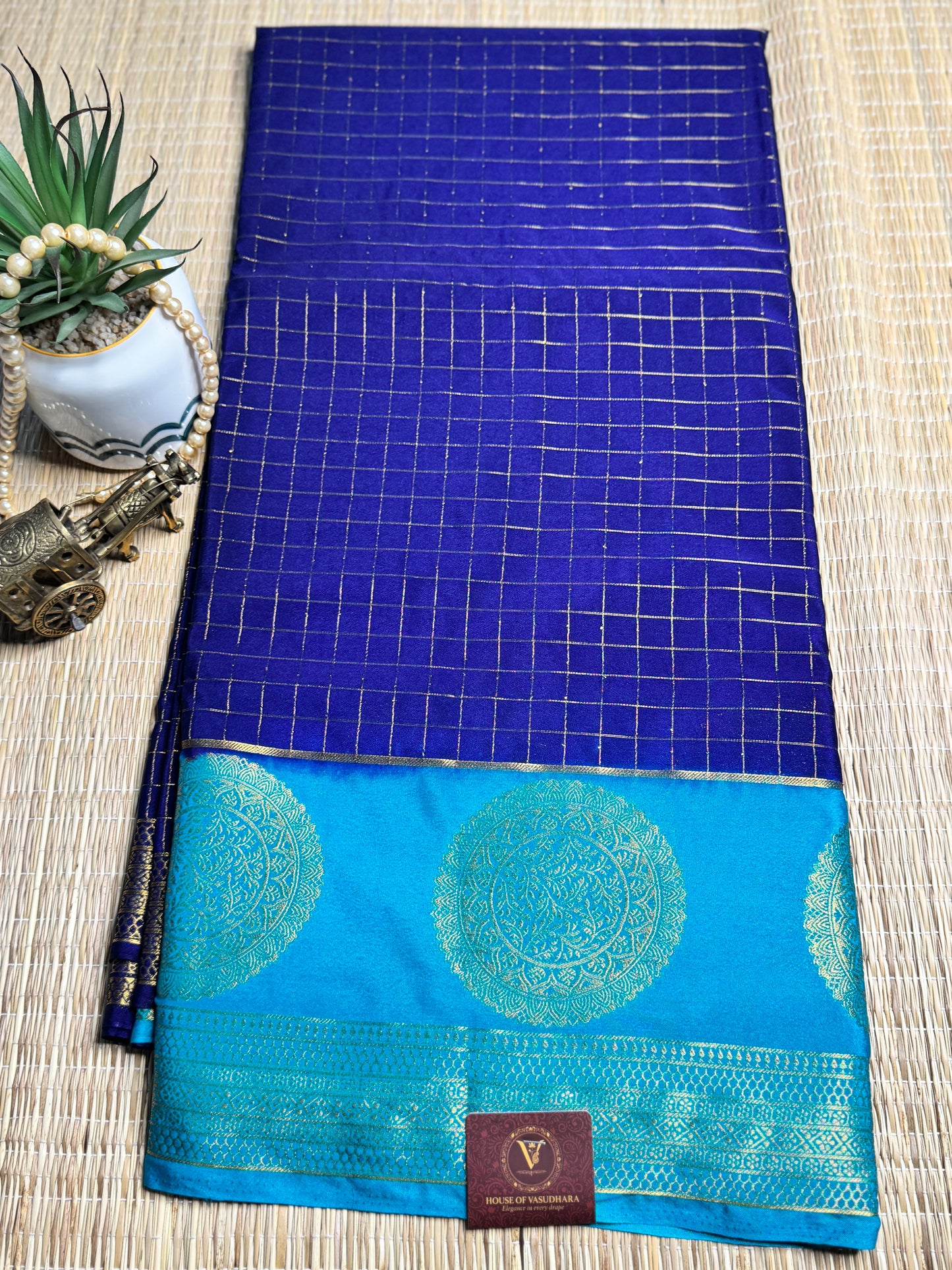 Royal Blue Semi Mysore silk Crepe saree with checks