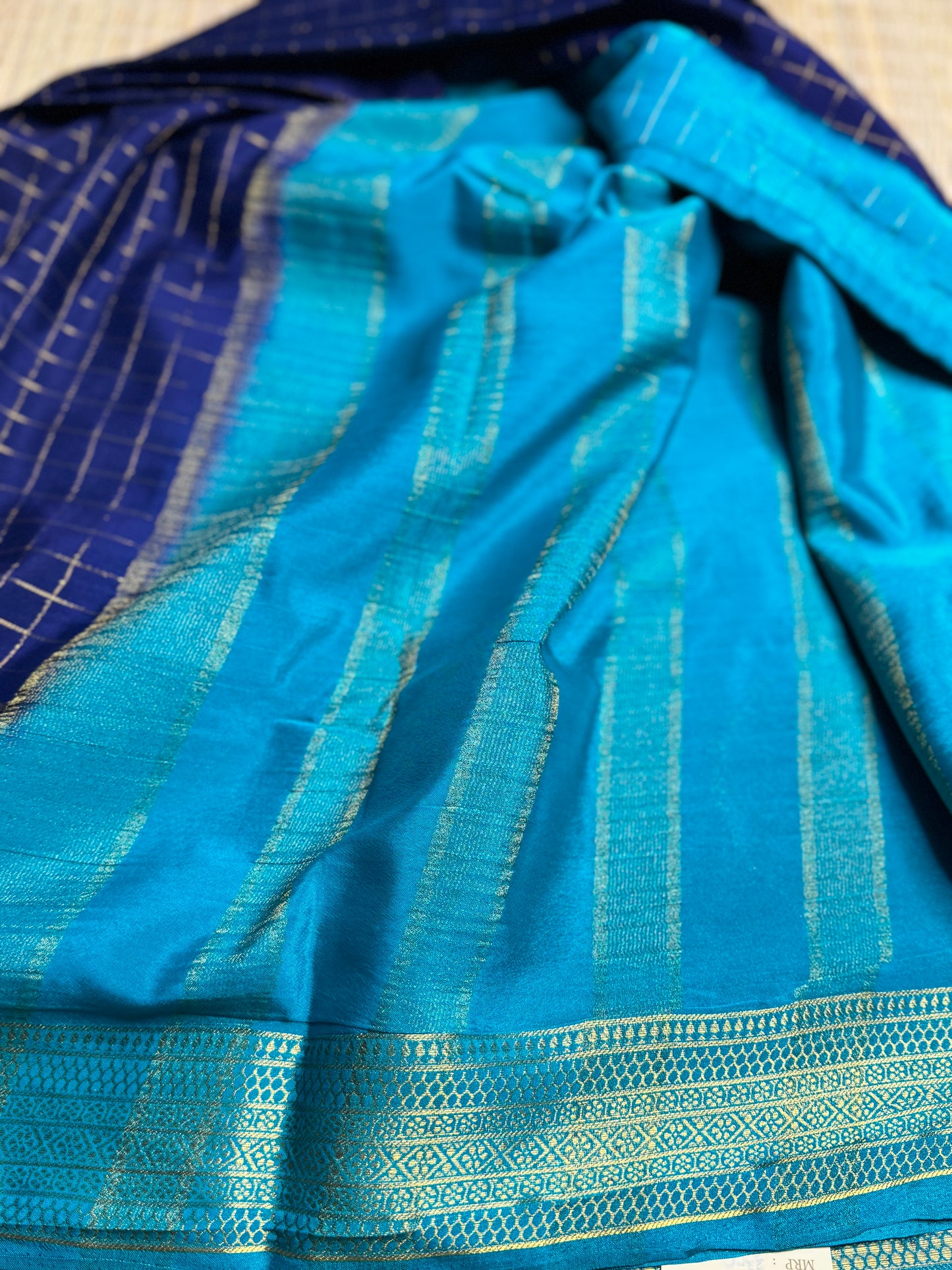Royal Blue Semi Mysore silk Crepe saree with checks