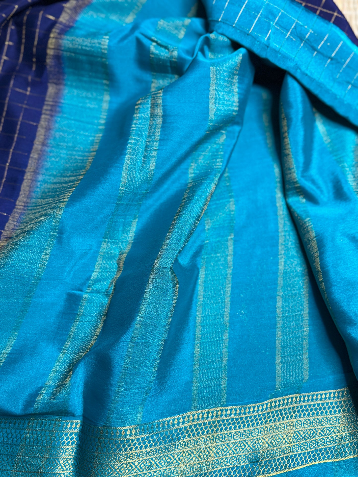 Royal Blue Semi Mysore silk Crepe saree with checks