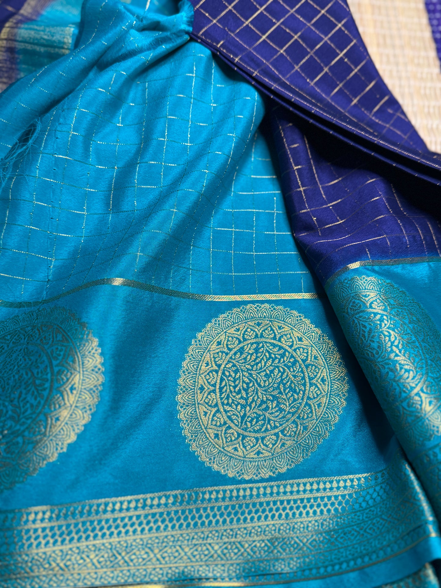 Royal Blue Semi Mysore silk Crepe saree with checks