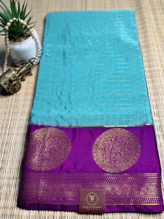 Teal and Magenta Semi Mysore silk Crepe saree with checks