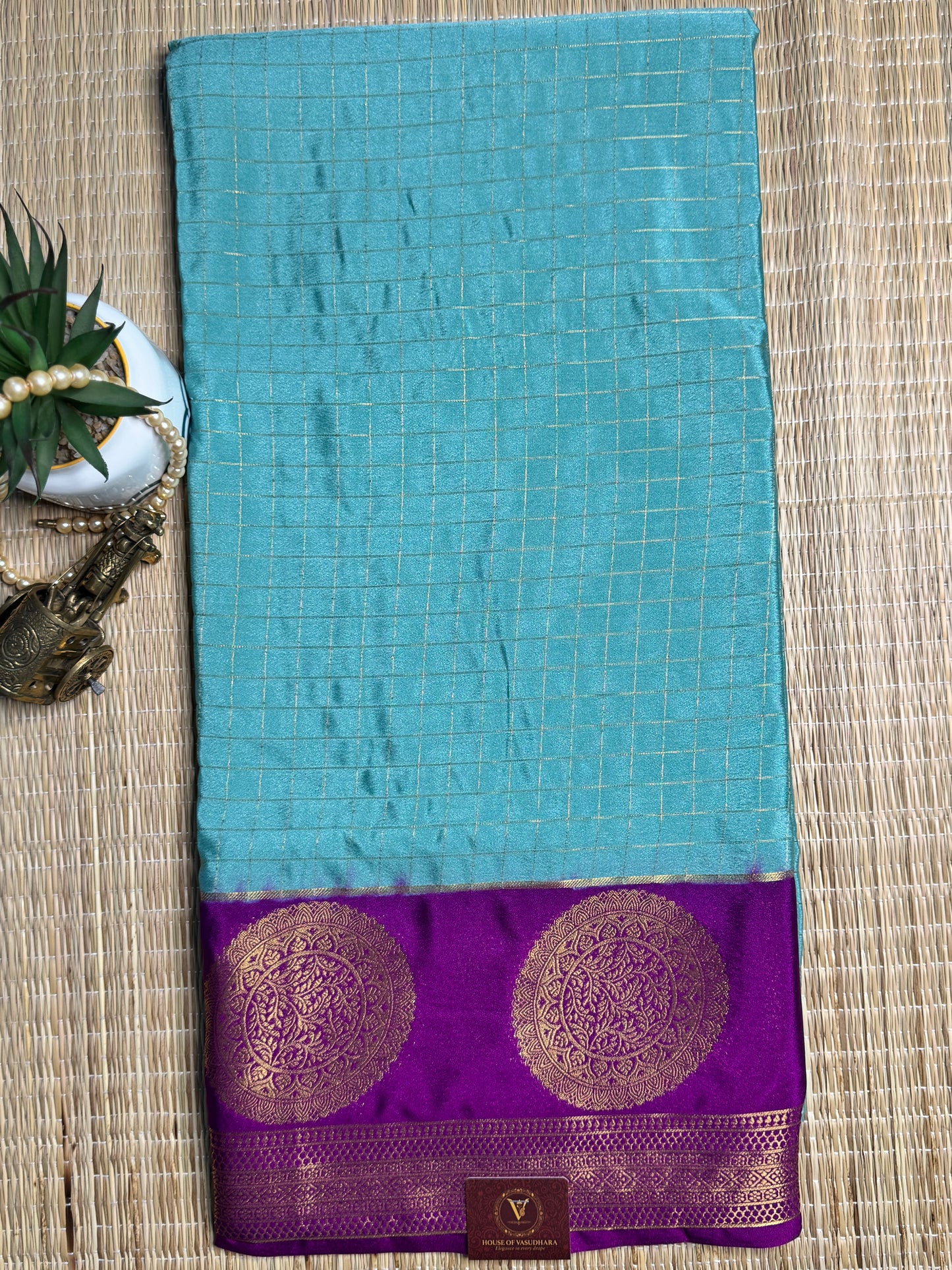 Teal and Magenta Semi Mysore silk Crepe saree with checks
