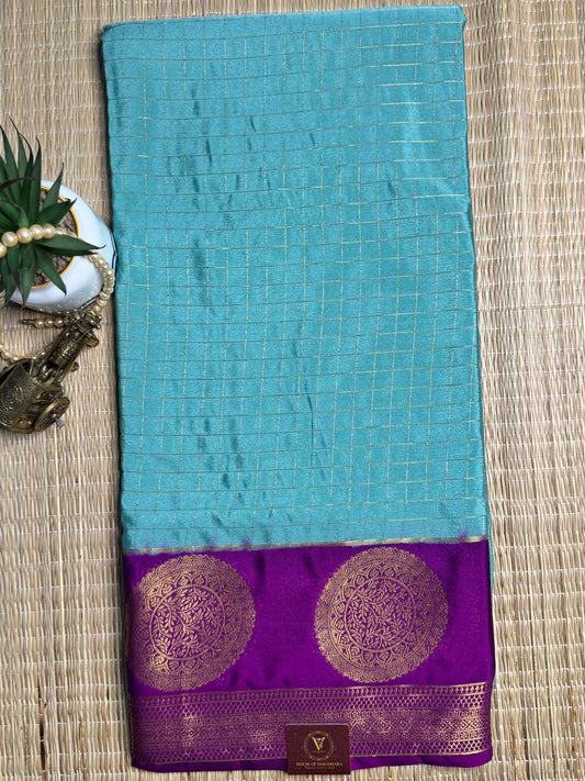 Teal and Magenta Semi Mysore silk Crepe saree with checks