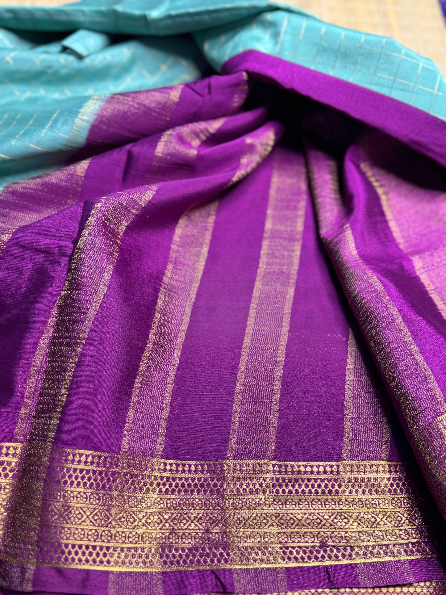 Teal and Magenta Semi Mysore silk Crepe saree with checks