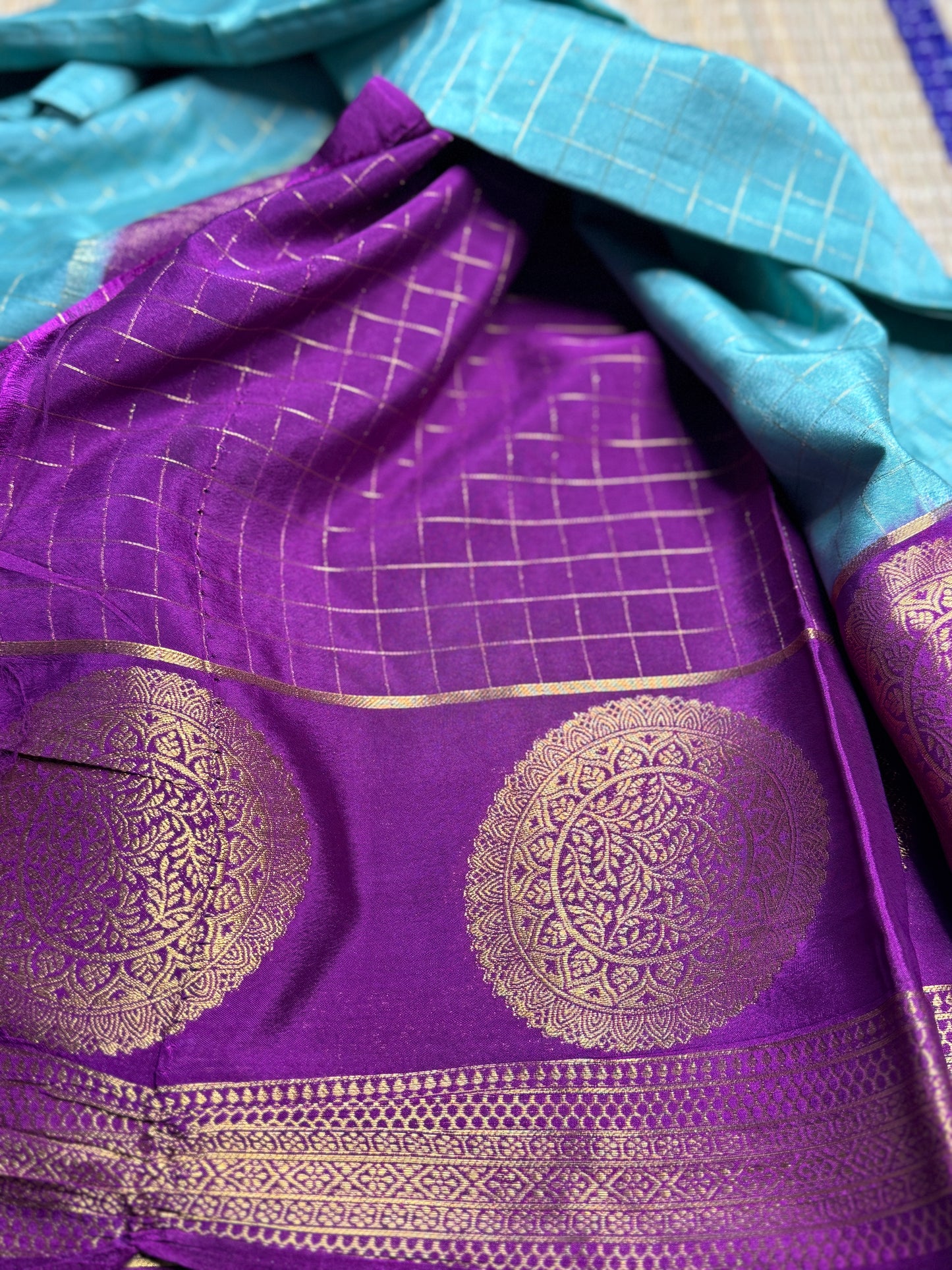 Teal and Magenta Semi Mysore silk Crepe saree with checks