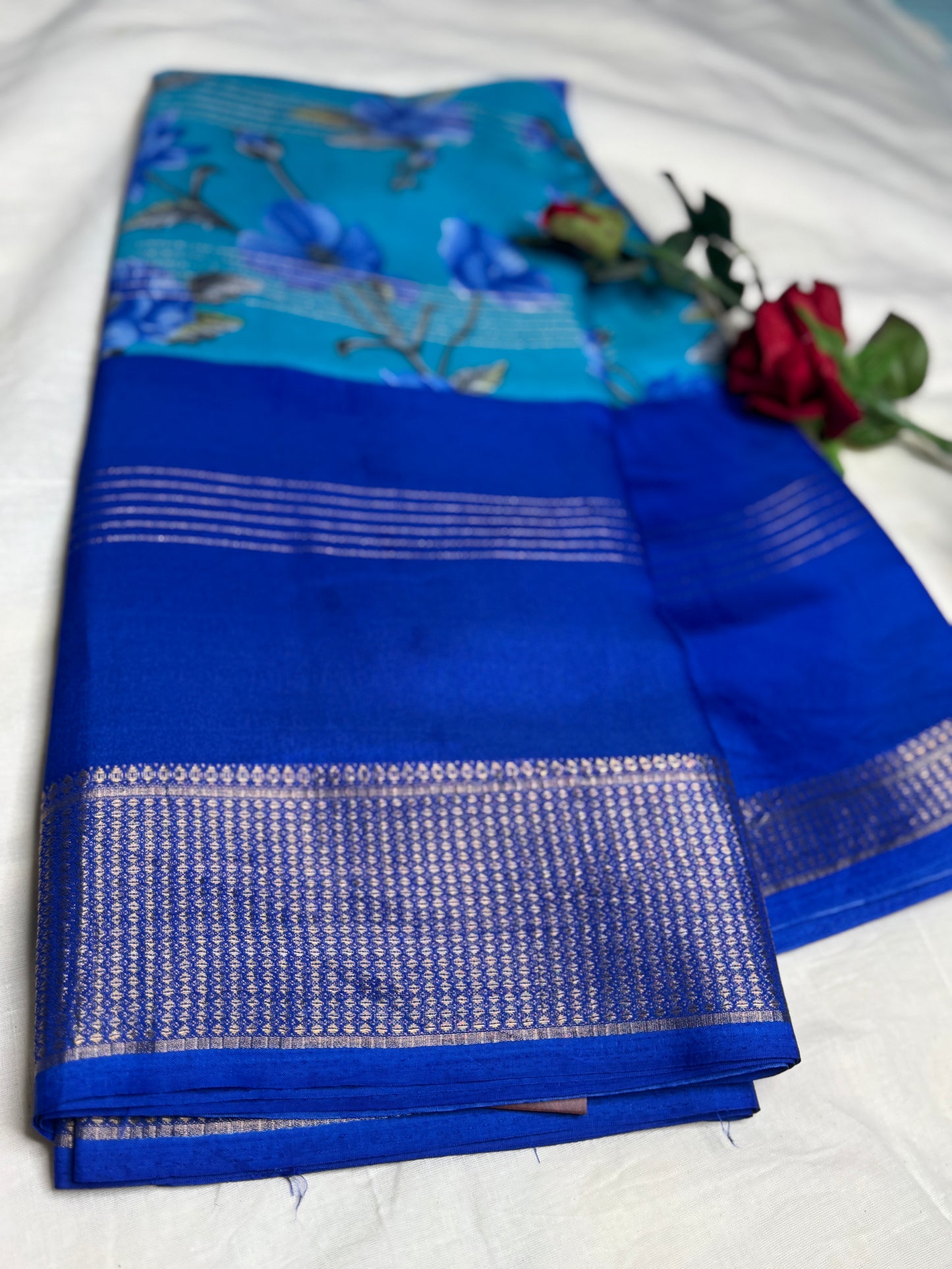 Blue 2D Semi crepe silk in half and half pattern