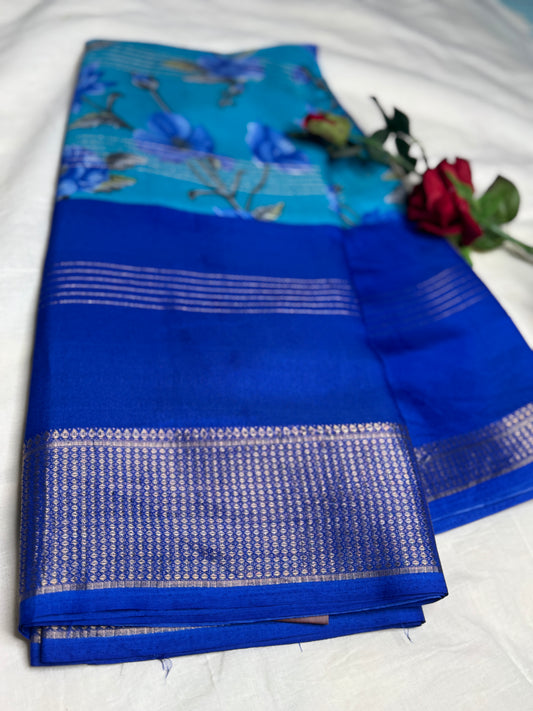 Blue 2D Semi crepe silk in half and half pattern