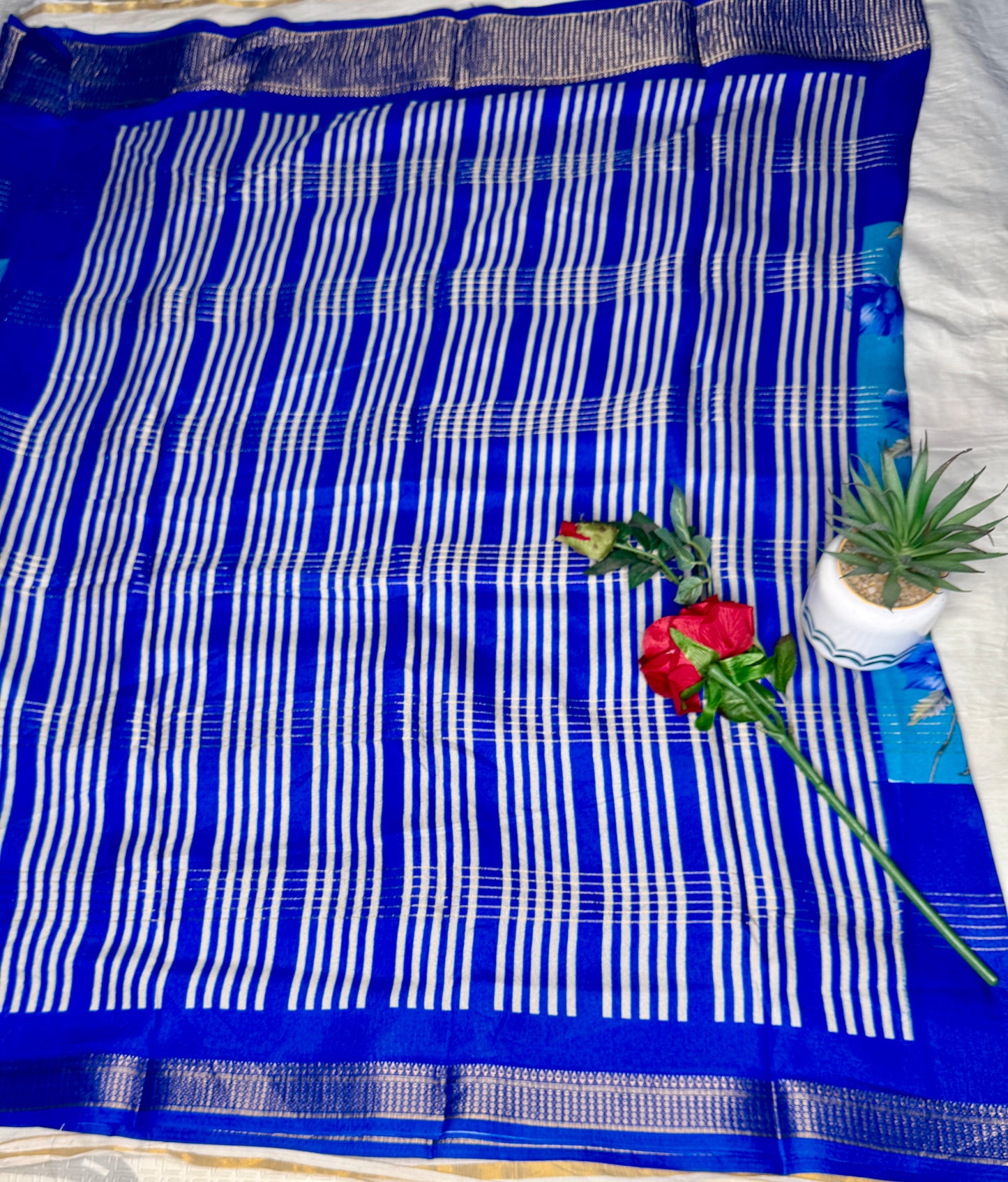 Blue 2D Semi crepe silk in half and half pattern