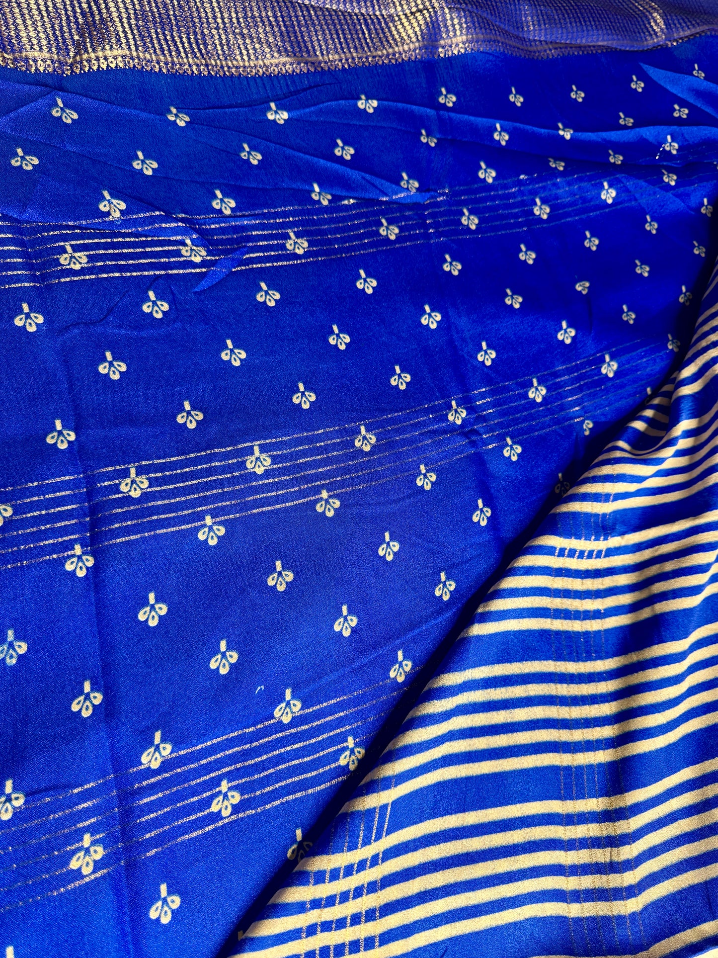 Blue 2D Semi crepe silk in half and half pattern