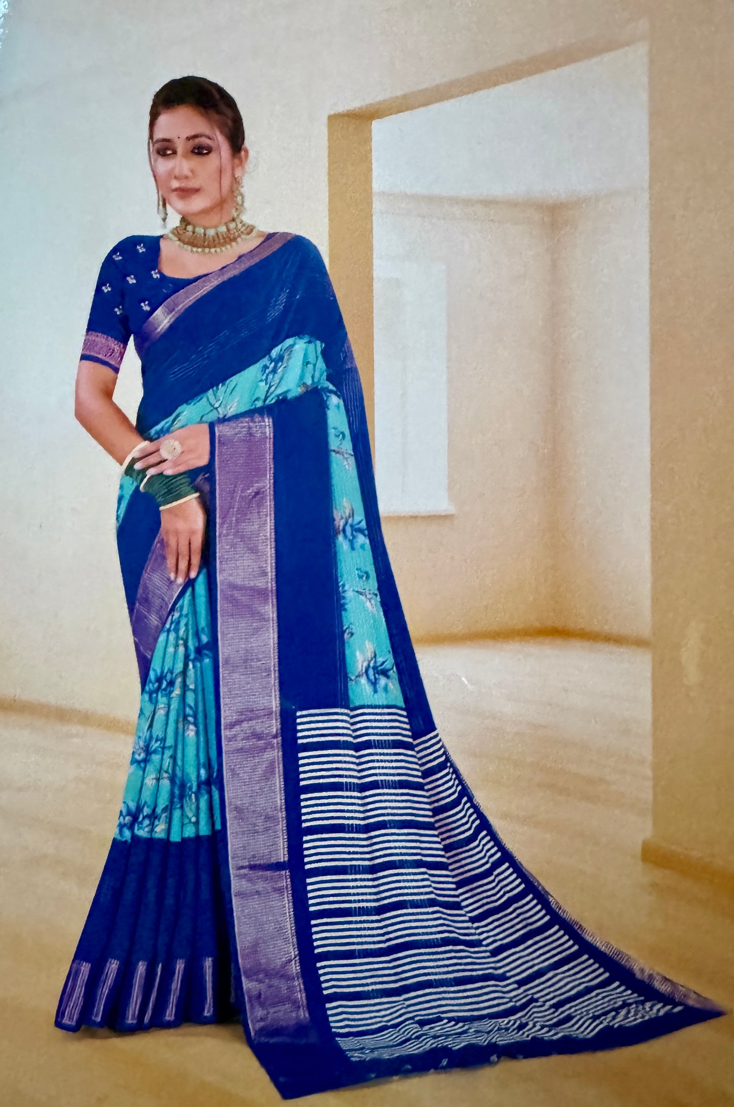 Blue 2D Semi crepe silk in half and half pattern