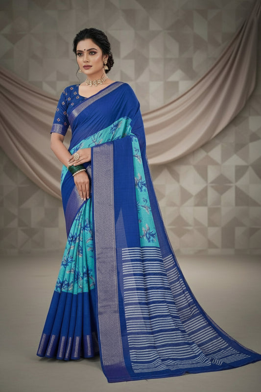 Blue 2D Semi crepe silk in half and half pattern