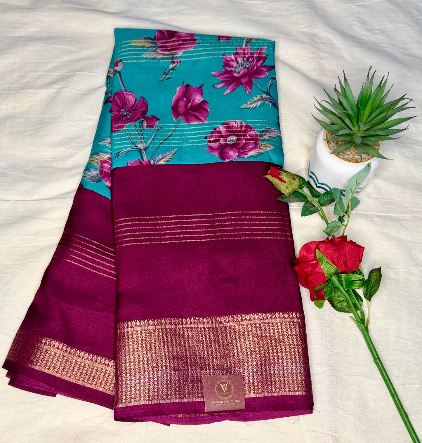 Maroon & Turquise 2D Semi crepe silk in half and half pattern