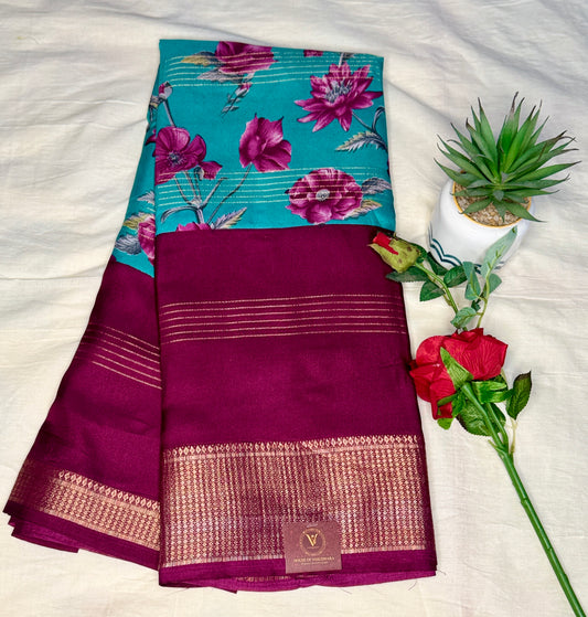 Maroon & Turquise 2D Semi crepe silk in half and half pattern