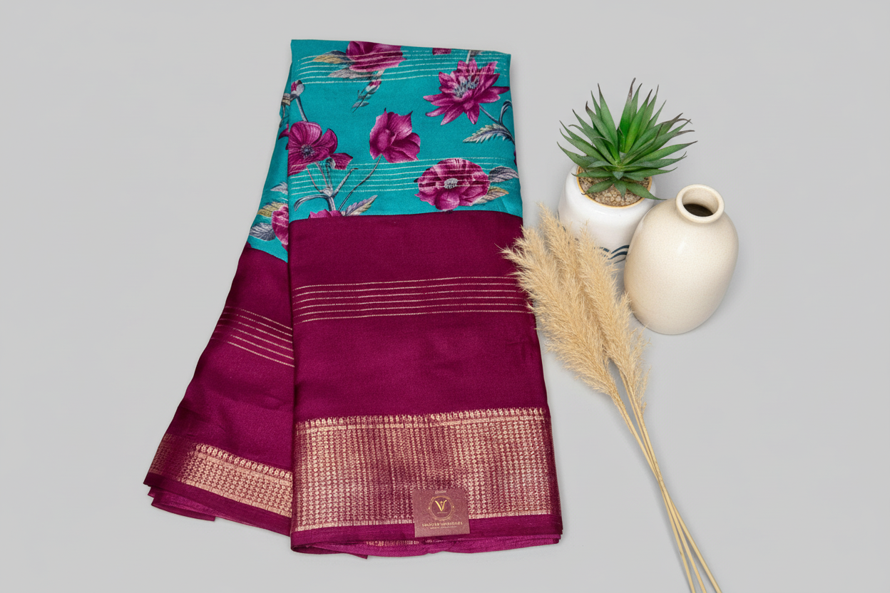 Maroon & Turquise 2D Semi crepe silk in half and half pattern