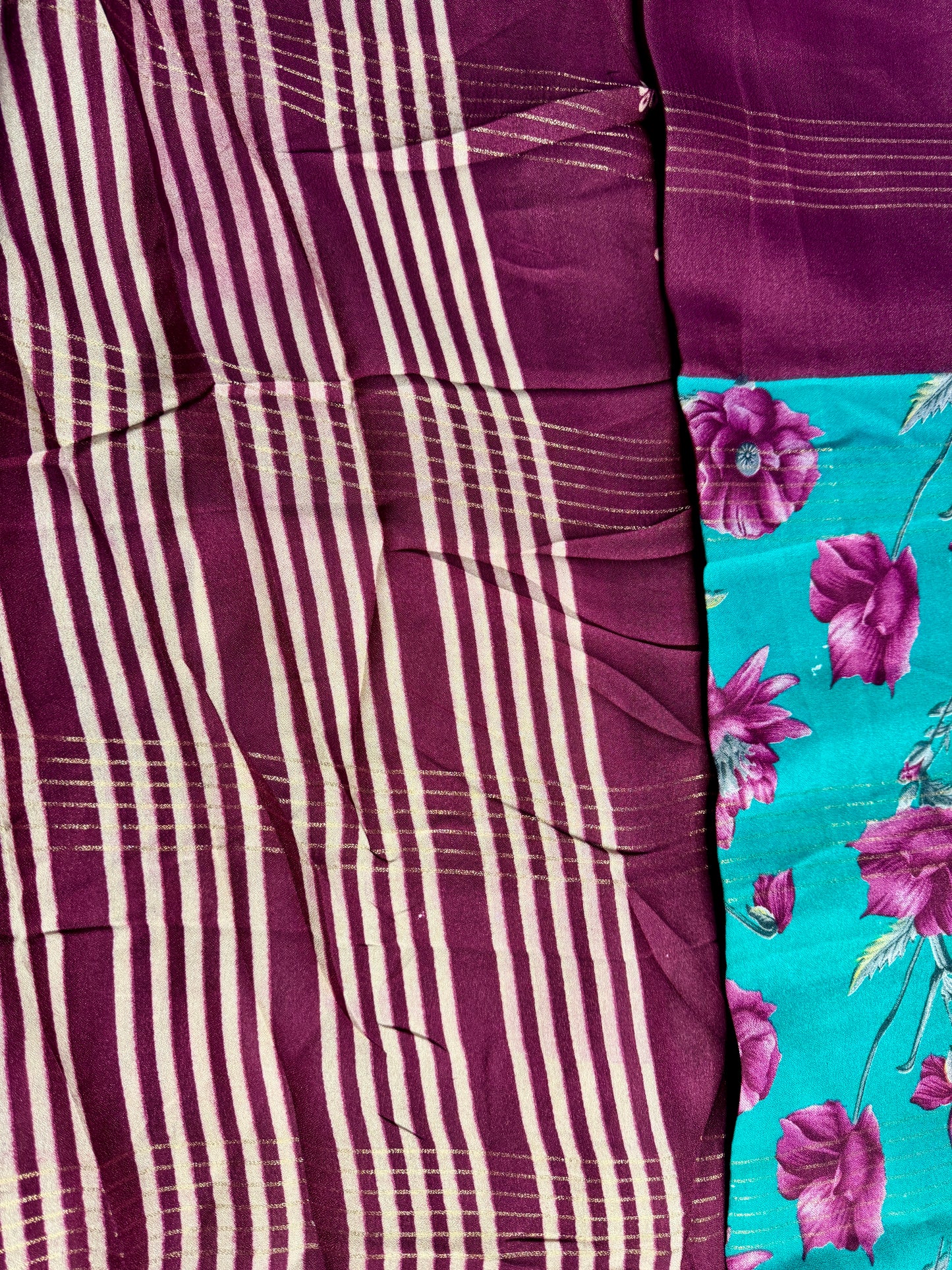 Maroon & Turquise 2D Semi crepe silk in half and half pattern