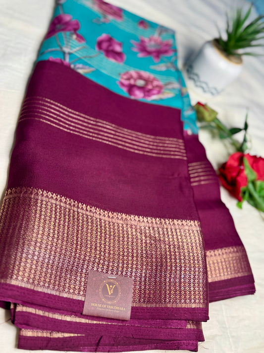 Maroon & Turquise 2D Semi crepe silk in half and half pattern