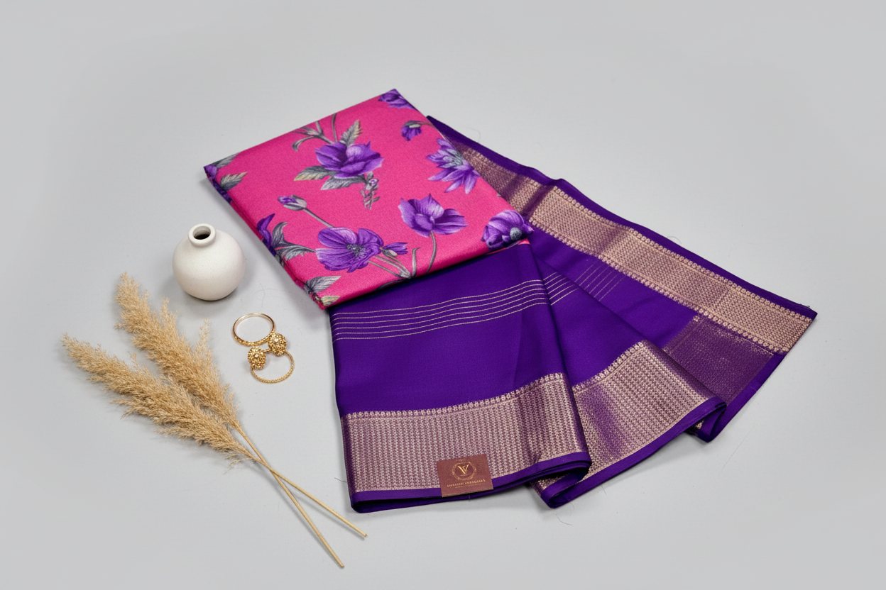 Purple & Pink 2D Semi crepe silk in half and half pattern