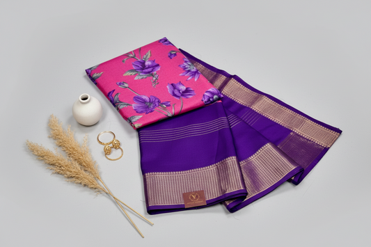 Purple & Pink 2D Semi crepe silk in half and half pattern