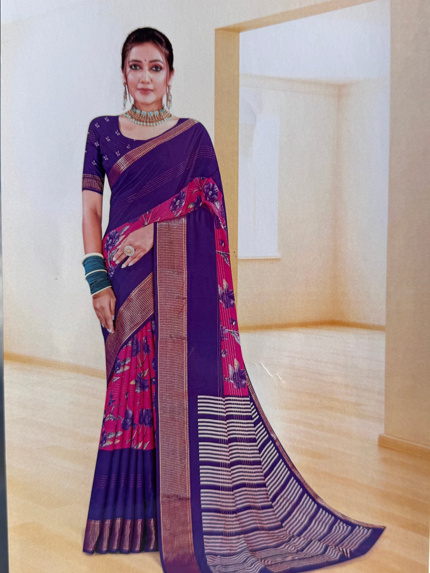 Purple & Pink 2D Semi crepe silk in half and half pattern