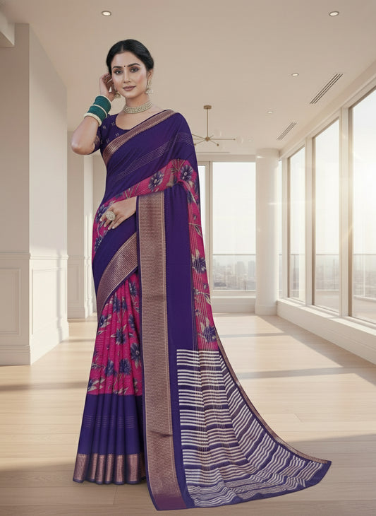 Purple & Pink 2D Semi crepe silk in half and half pattern