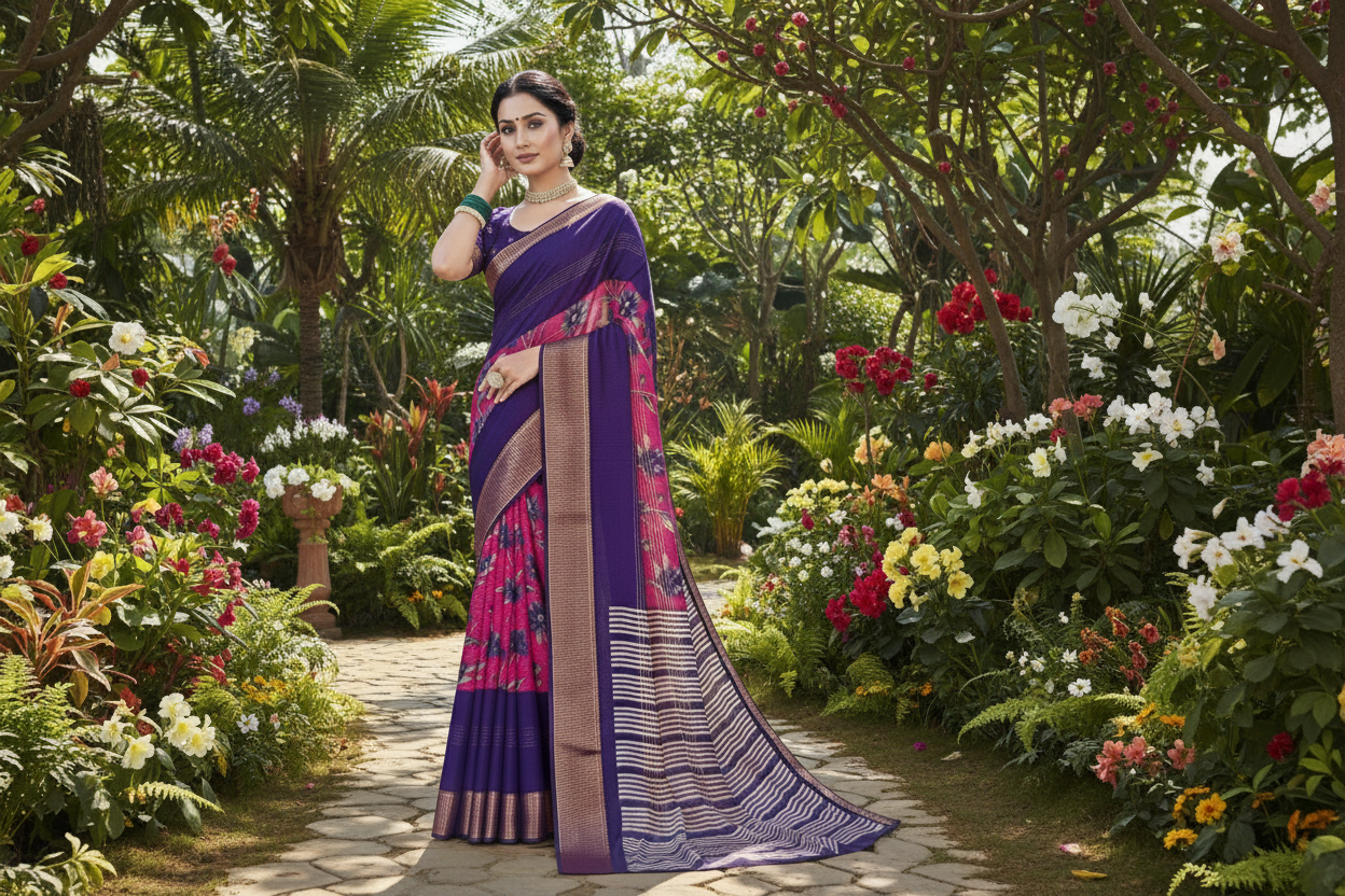 Purple & Pink 2D Semi crepe silk in half and half pattern
