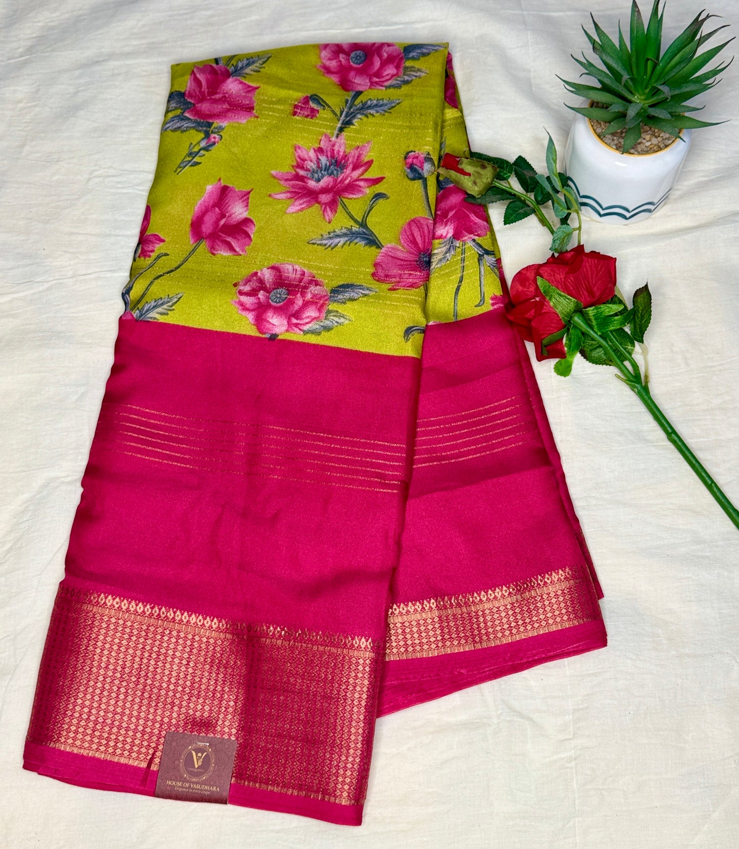 Pink & Green 2D Semi crepe silk in half and half pattern