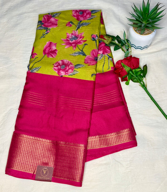 Pink & Green 2D Semi crepe silk in half and half pattern