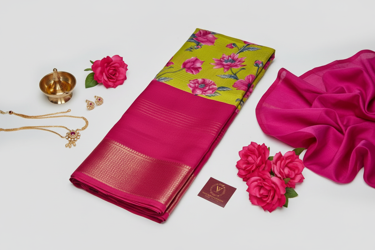 Pink & Green 2D Semi crepe silk in half and half pattern