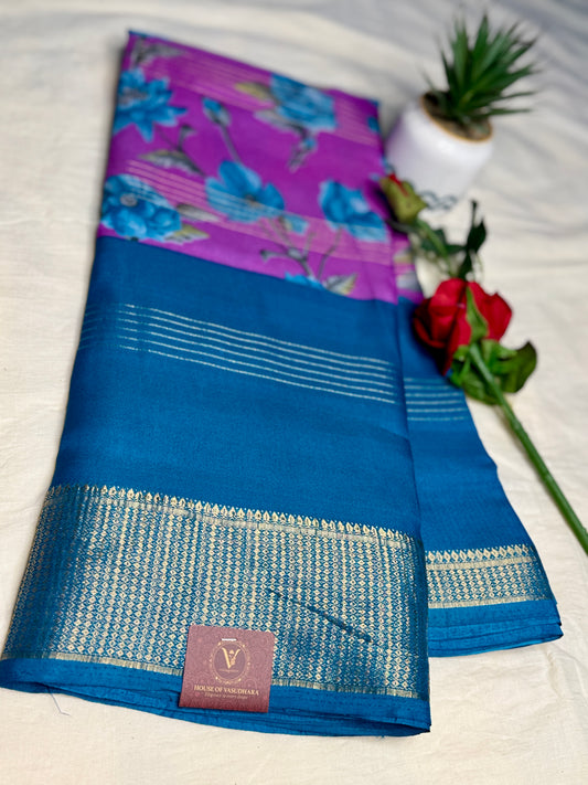 Blue & Purple 2D Semi crepe silk in half and half pattern