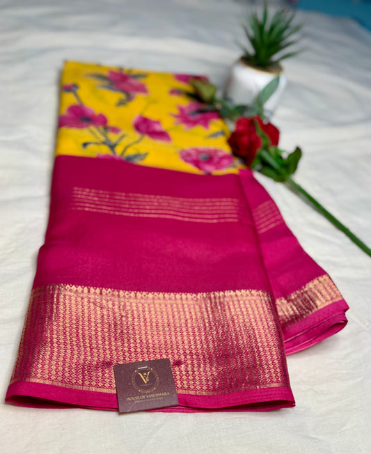 Pink & Yellow 2D Semi crepe silk in half and half pattern