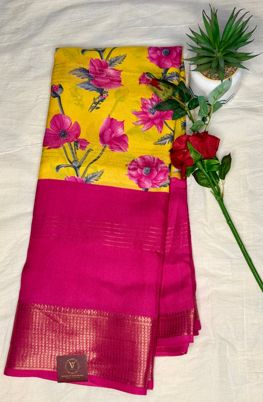 Pink & Yellow 2D Semi crepe silk in half and half pattern