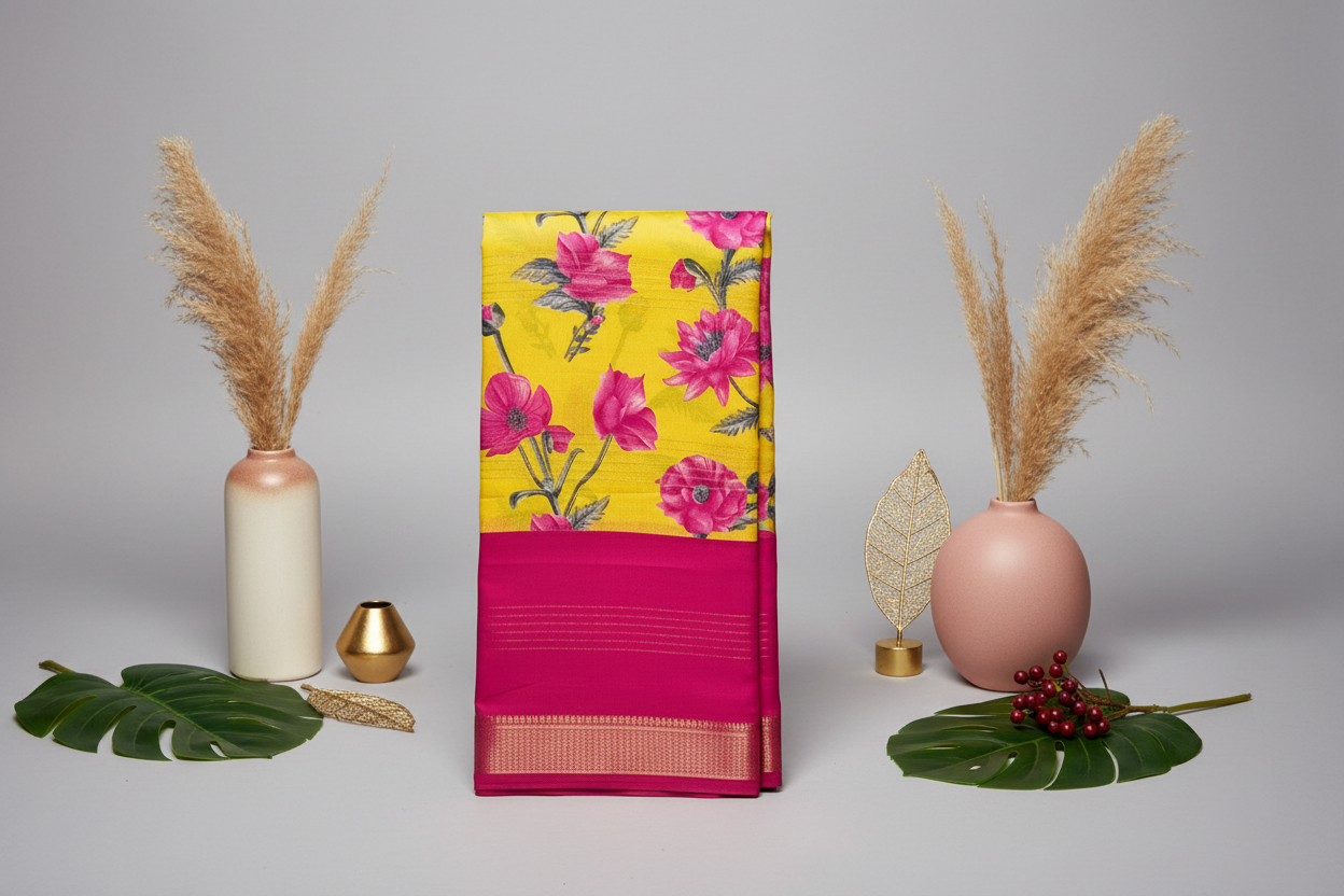 Pink & Yellow 2D Semi crepe silk in half and half pattern