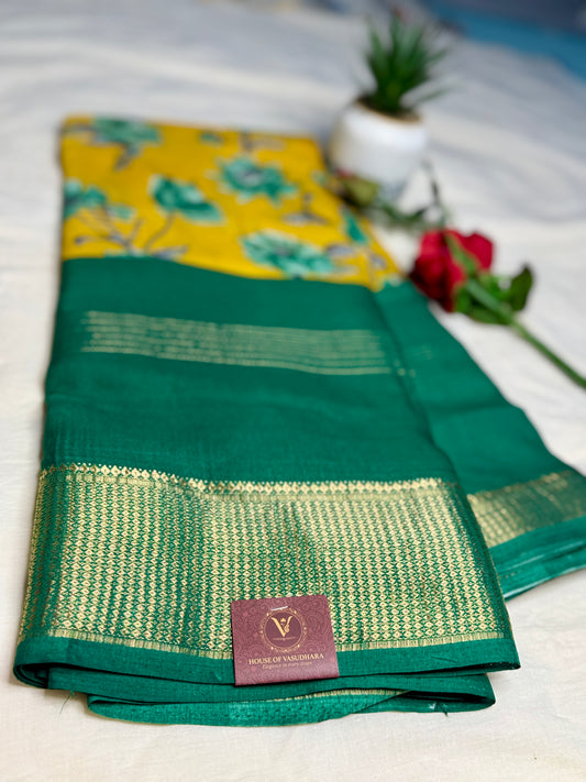 Green & Yellow 2D Semi crepe silk in half and half pattern