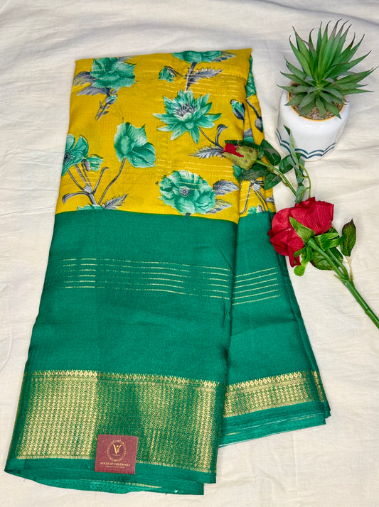 Green & Yellow 2D Semi crepe silk in half and half pattern