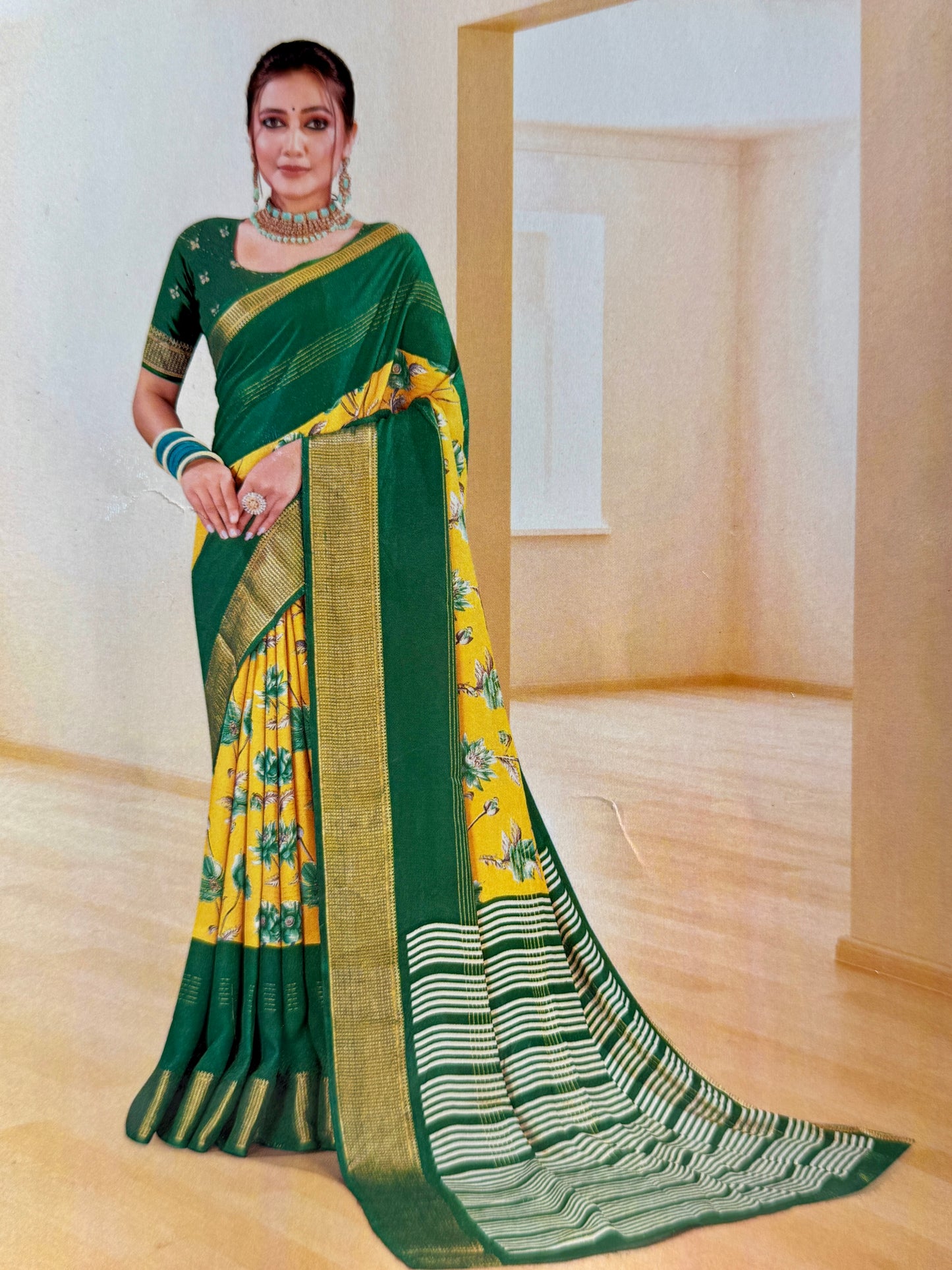 Green & Yellow 2D Semi crepe silk in half and half pattern