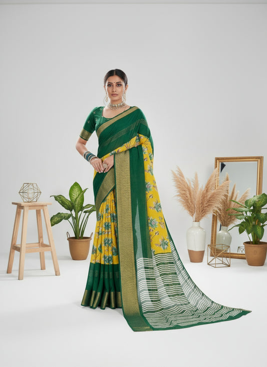 Green & Yellow 2D Semi crepe silk in half and half pattern