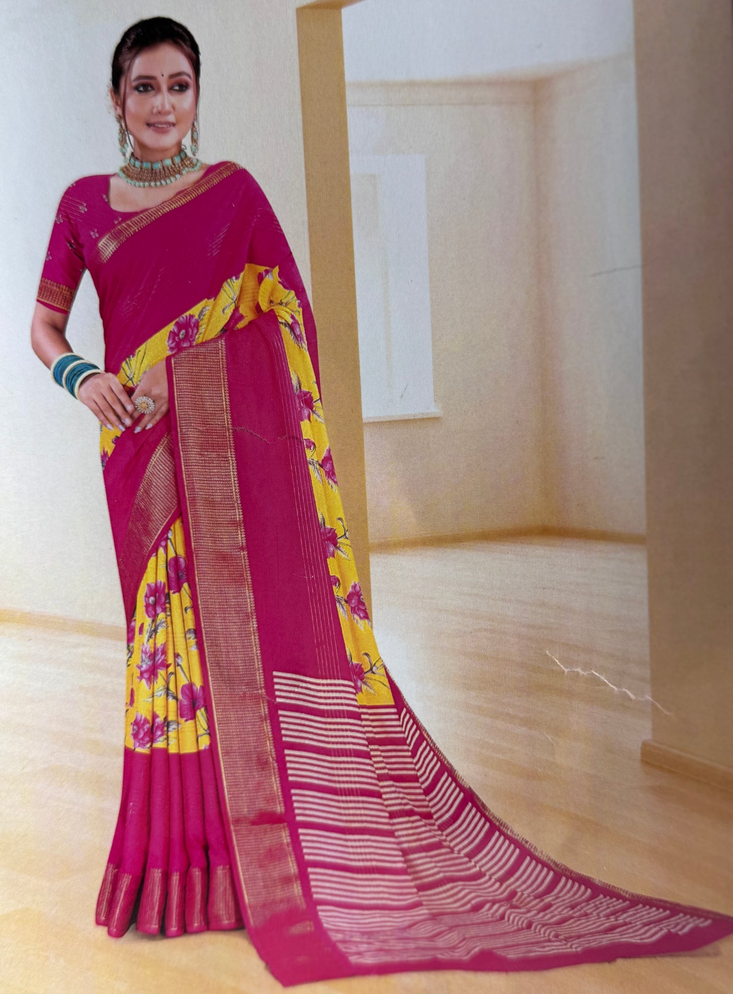 Pink & Yellow 2D Semi crepe silk in half and half pattern