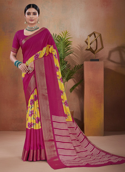 Pink & Yellow 2D Semi crepe silk in half and half pattern