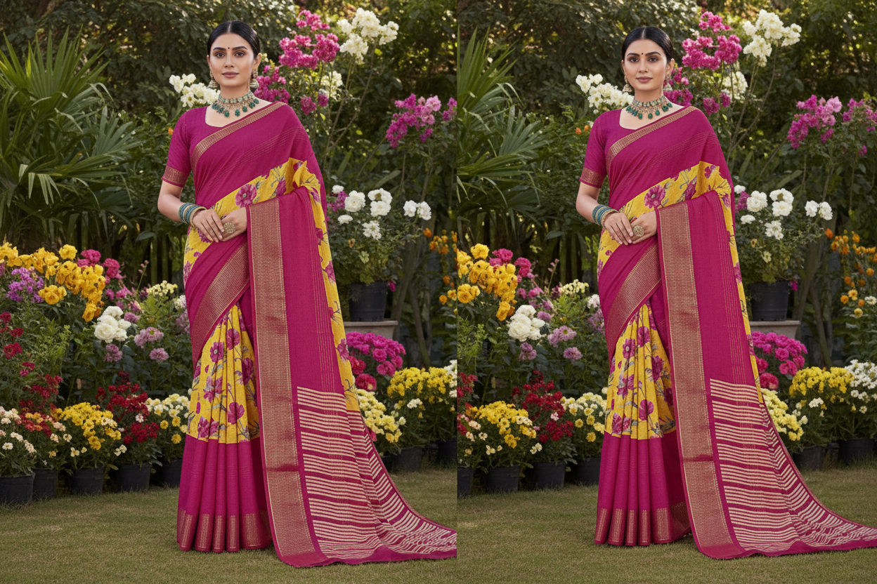 Pink & Yellow 2D Semi crepe silk in half and half pattern