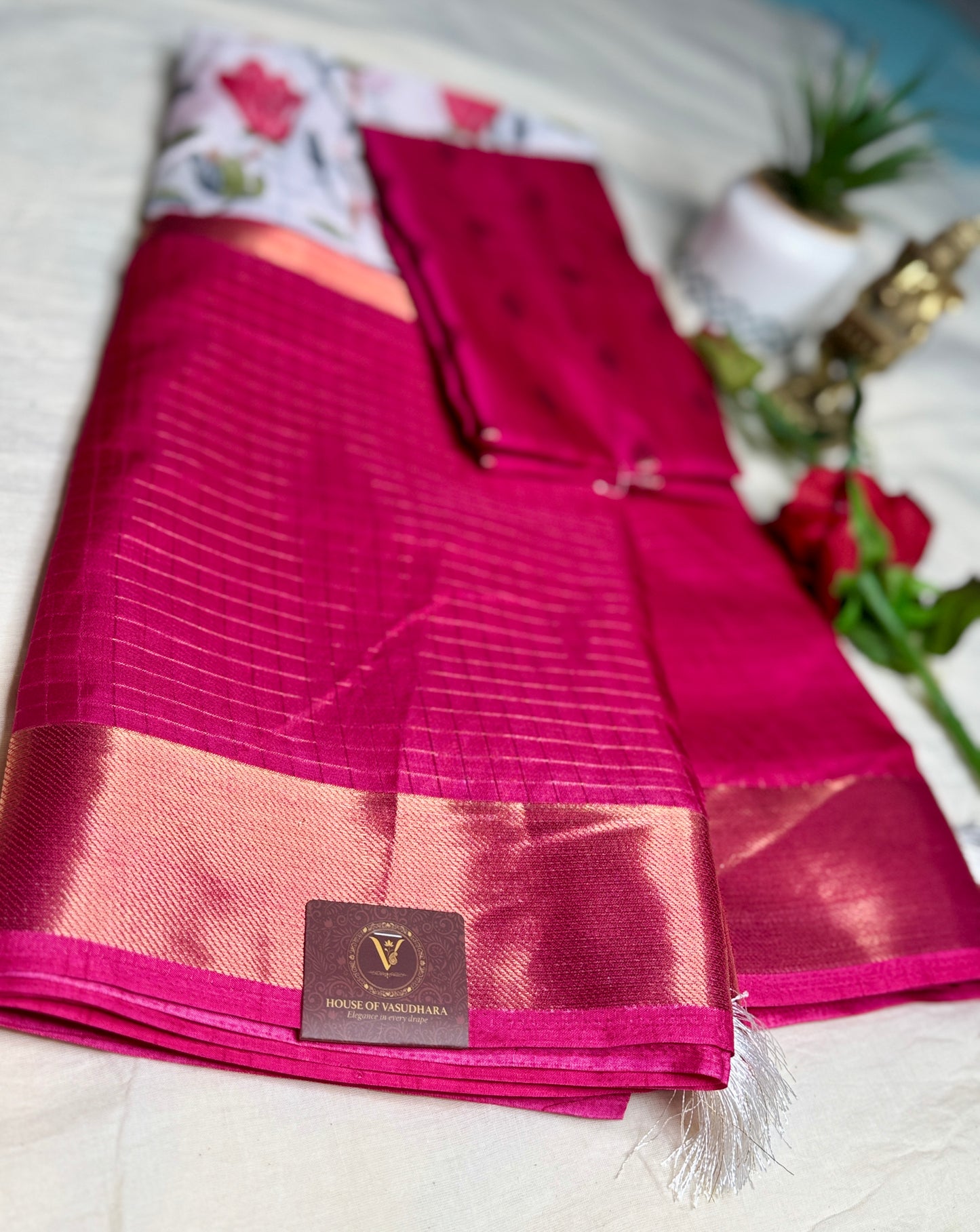 White and Rani pink 2D Semi crepe silk in half and half pattern