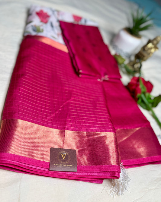 White and Rani pink 2D Semi crepe silk in half and half pattern