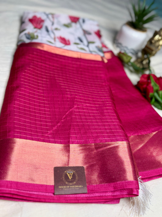 White and Rani pink 2D Semi crepe silk in half and half pattern