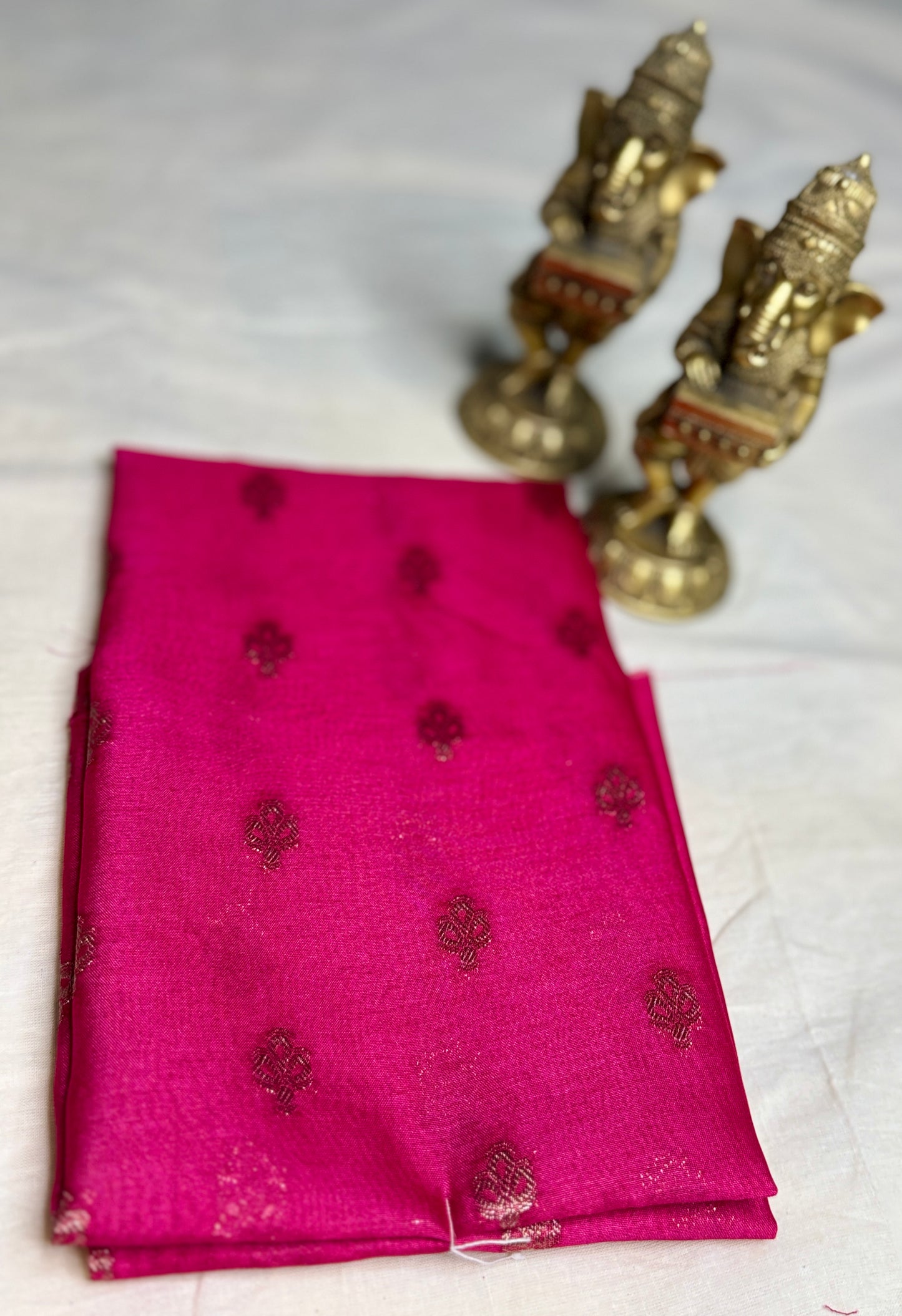 White and Rani pink 2D Semi crepe silk in half and half pattern